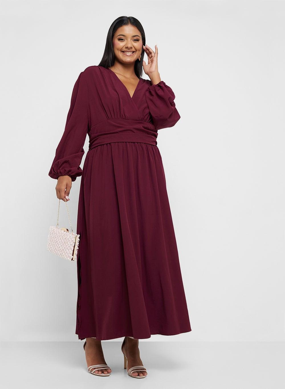 Shirred Waist Deep Red Midi Dress - Image 1