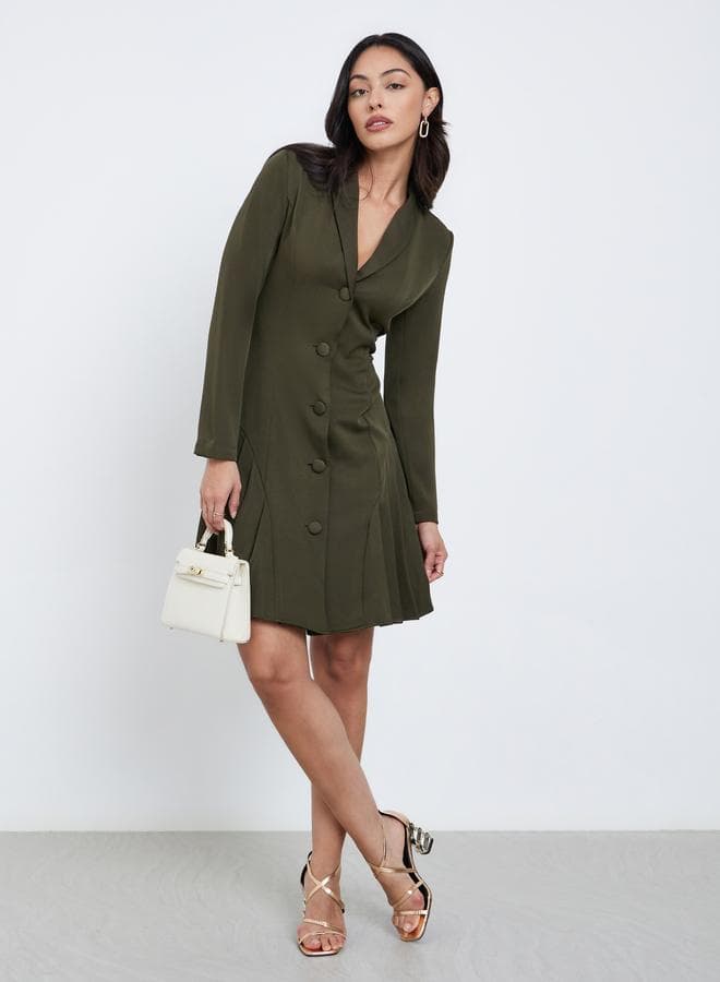 Styli Olive Pleated Knee-Length Blazer Dress - Image 1