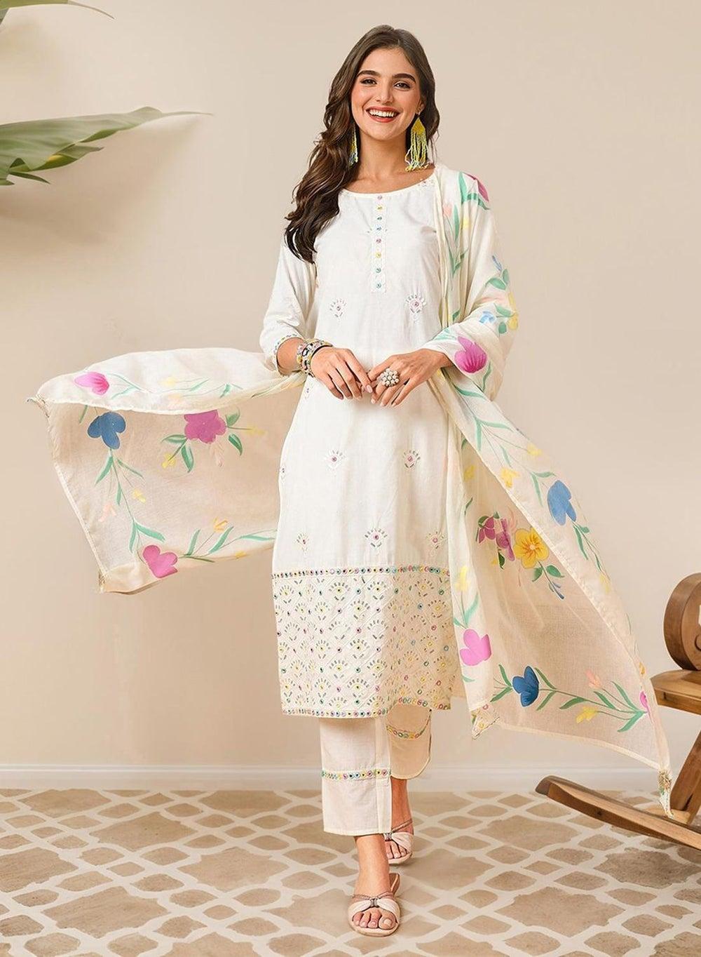 Women's Off White Cotton Embellished Tunic Kurta Palazzo Set - Image 1