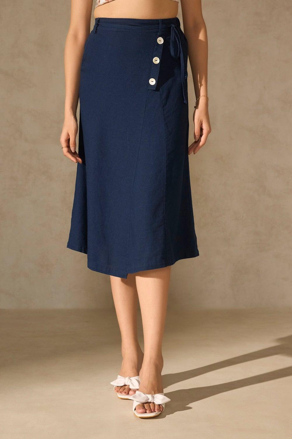 Virgio Navy A-line Midi Skirt with Button Detail - Image 1