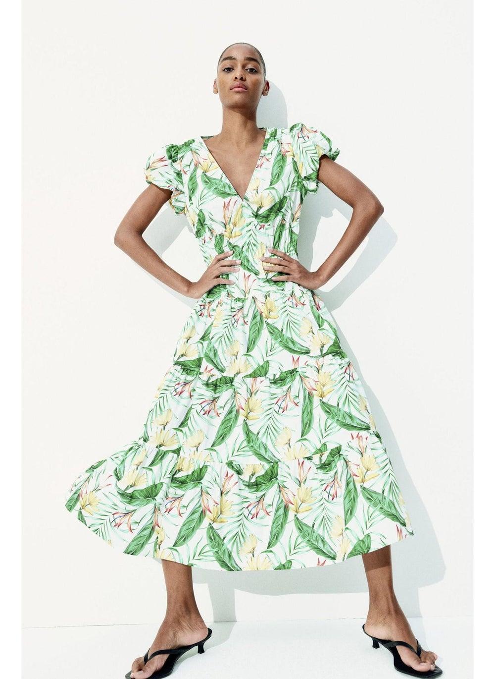 Tiered-Skirt Cotton Poplin Dress with V-Neckline - Image 1