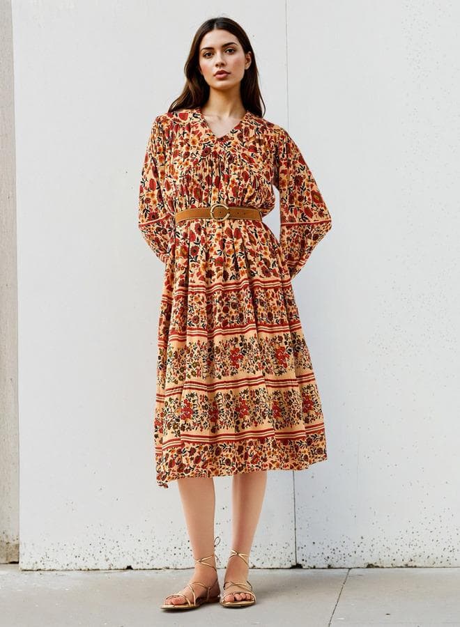 Lee Cooper Bohemian Print V-Neck Belted Midi Dress - Image 1