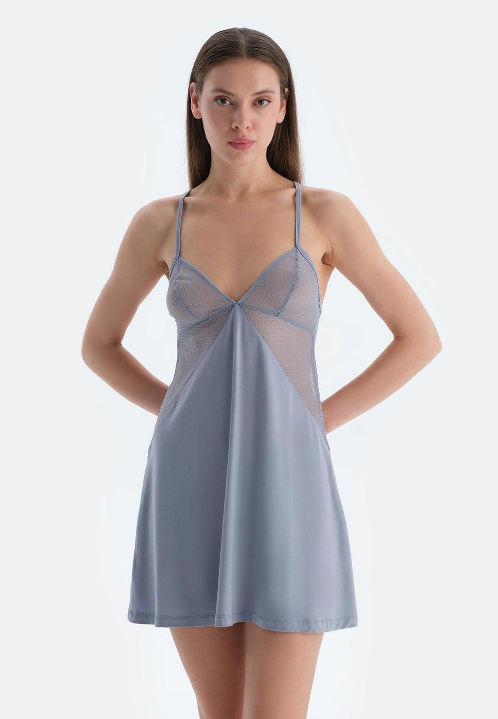 Ice Blue Regular Fit Sleeveless Polyamide Nightie - Image 1