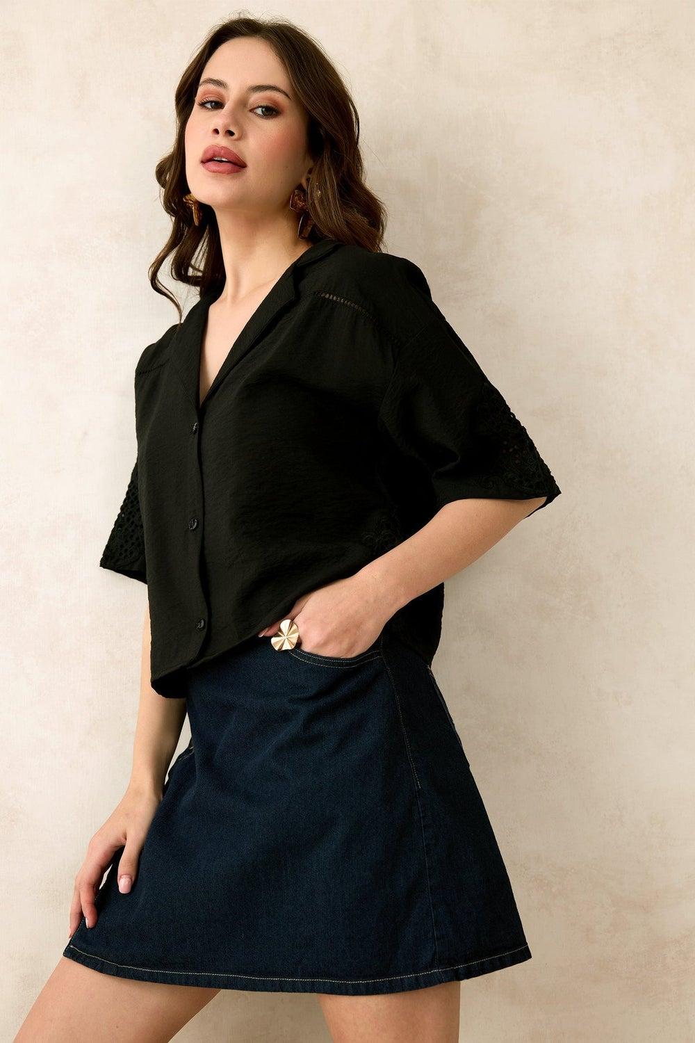 Virgio Black Viscose Crop Shirt with Crochet Detail - Image 1