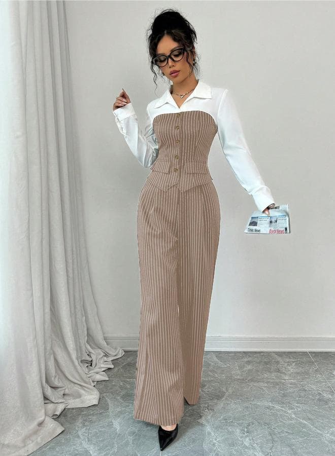 Beige Pinstripe Shirt and Trousers Co-Ords - Image 1