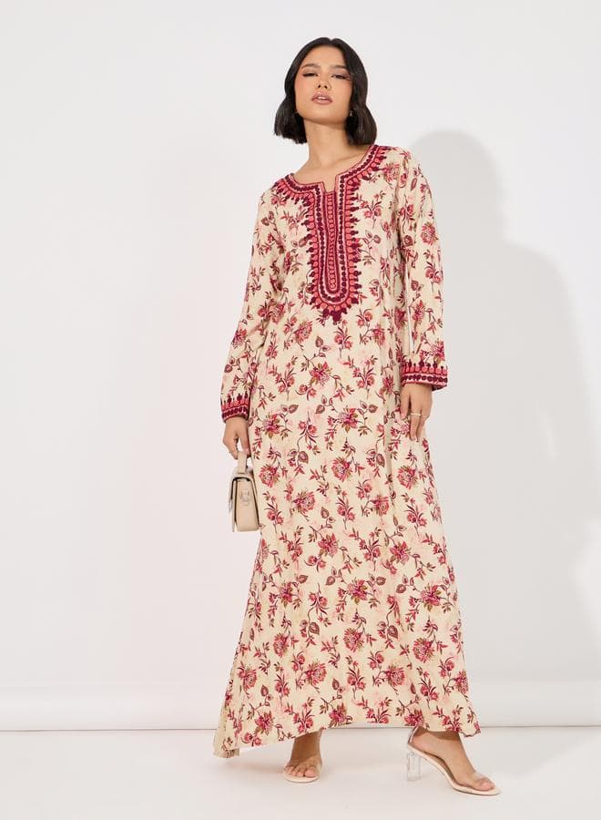 Floral Print Rayon Mukhawar Jalabiya with Handwork - Image 1