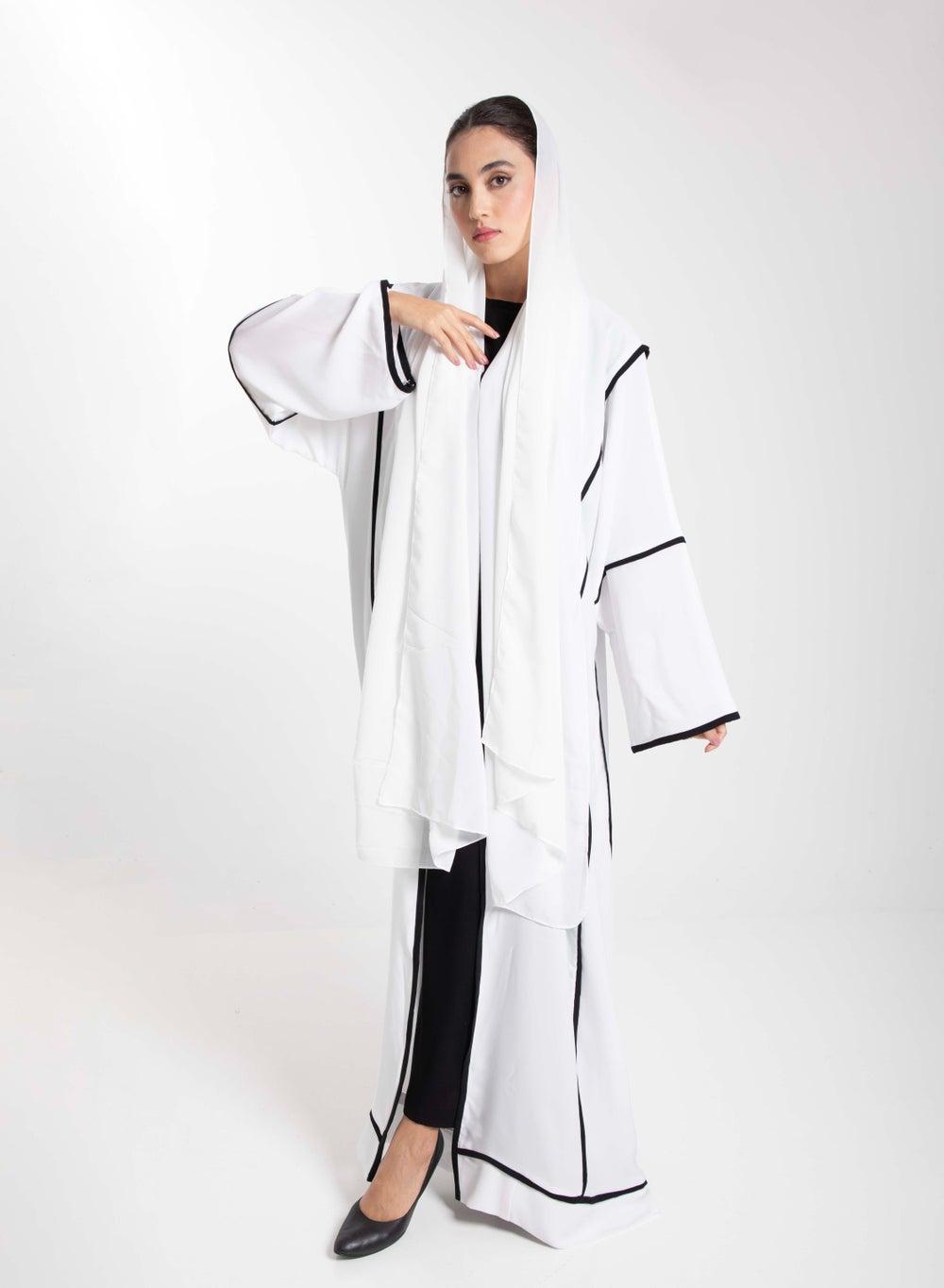 White Front Open Nida Abaya with Black Piping - Image 1