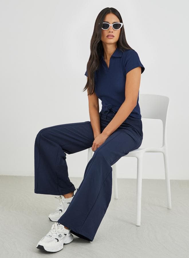 Solid Pintuck Straight Fit Joggers with Elasticated Waistband - Image 1