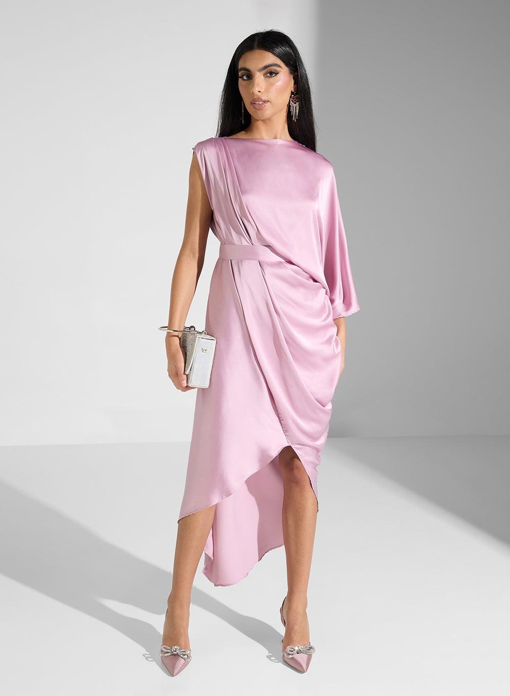 Pink Satin Asymmetric Draped Dress - Image 1