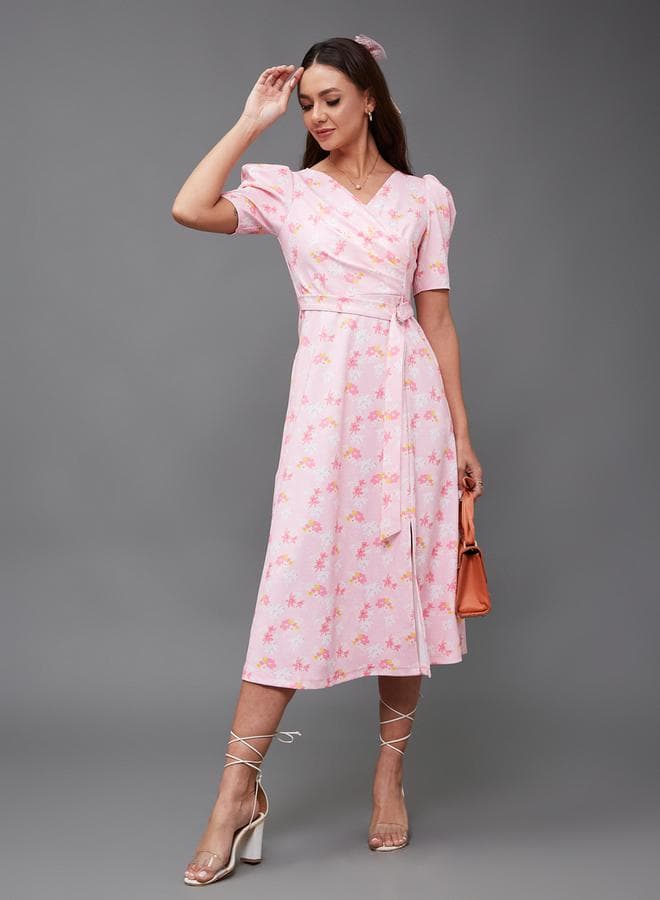 Floral Wrap Midi Dress with Puff Sleeves - Image 1
