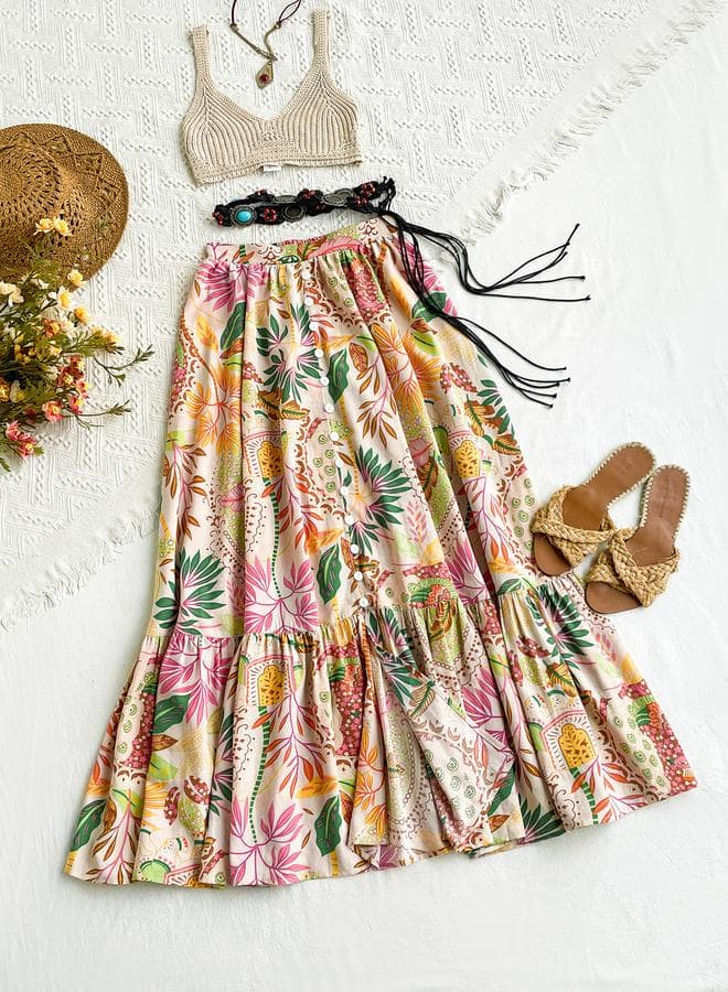 All-Over Floral Print Buttoned Maxi Skirt - Image 1