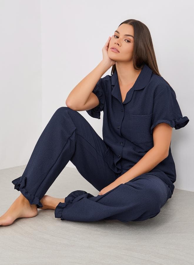 Waffle Textured Ruffled Shirt Pyjama Set - Image 1