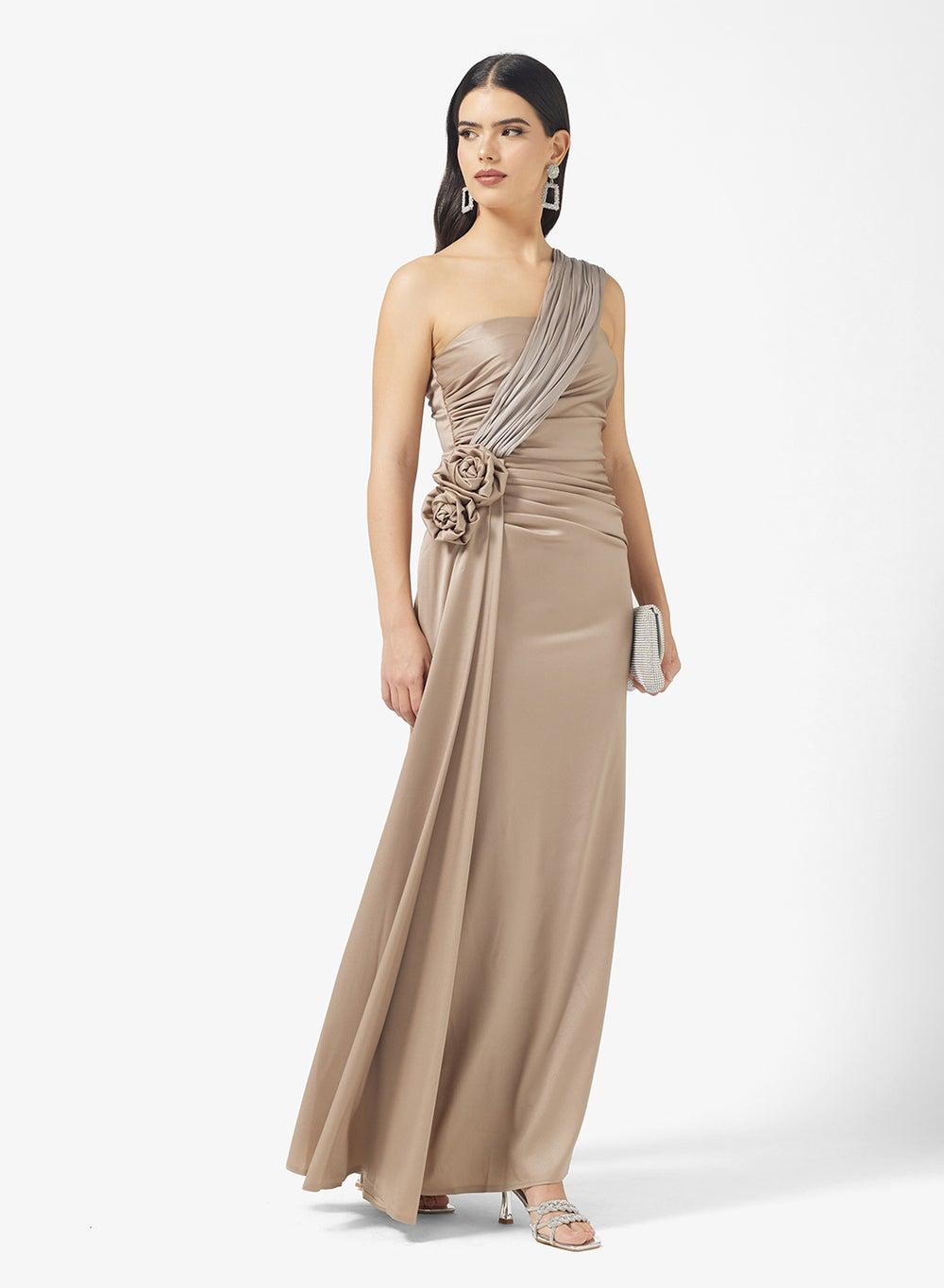 Off Shoulder Draped Maxi Dress with Trail - Image 1