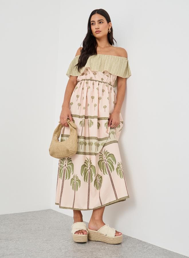 Styli Printed Off Shoulder A-Line Maxi Dress - Image 1