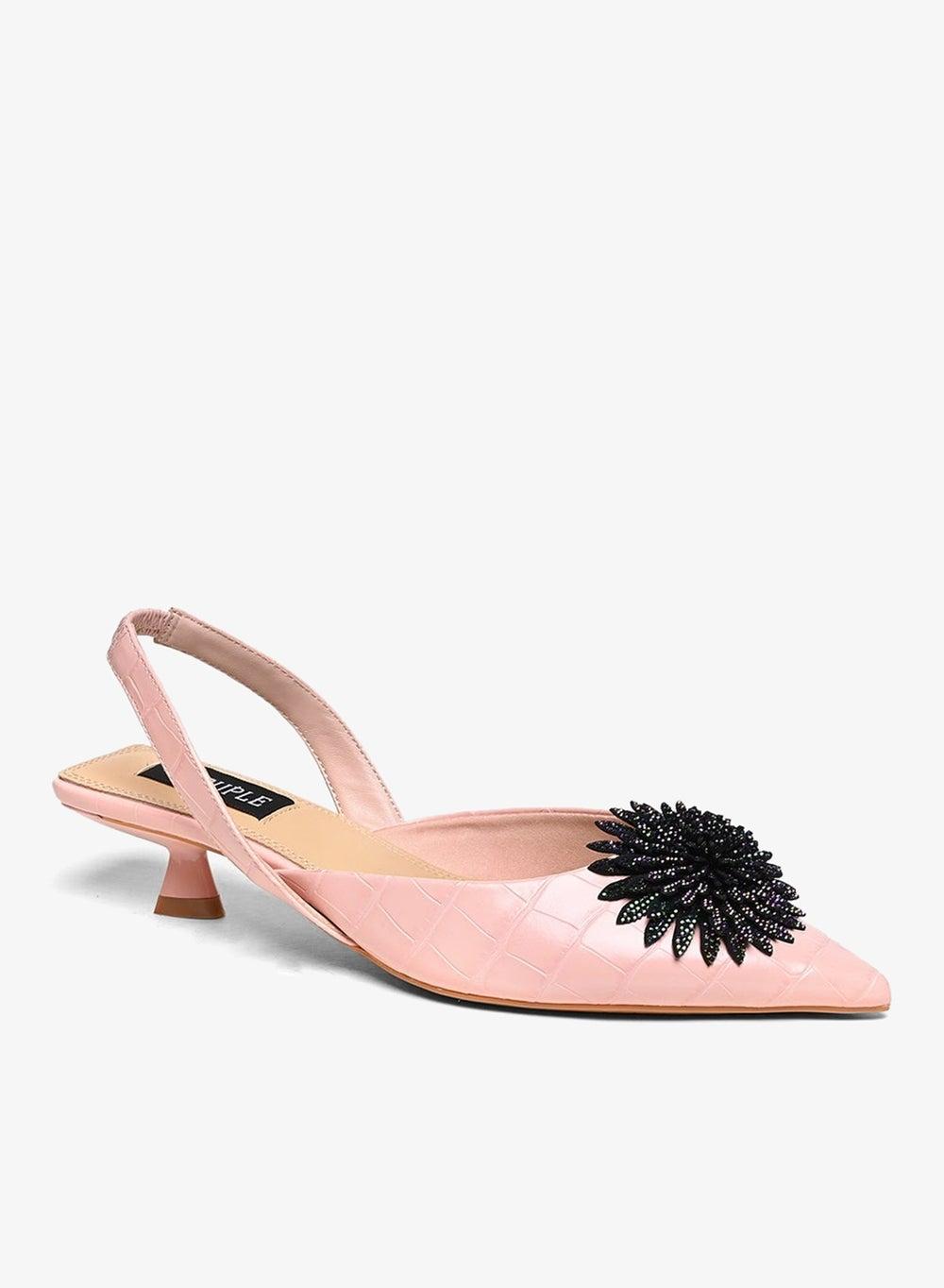 Embellished Croc Pattern Slingback Low Heel Pumps - Image 1