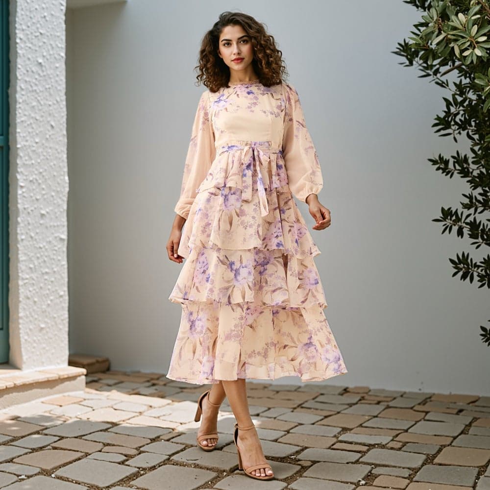 2Xtremz Floral Print Tiered Midi Dress with Lace Bow Detail - Image 1