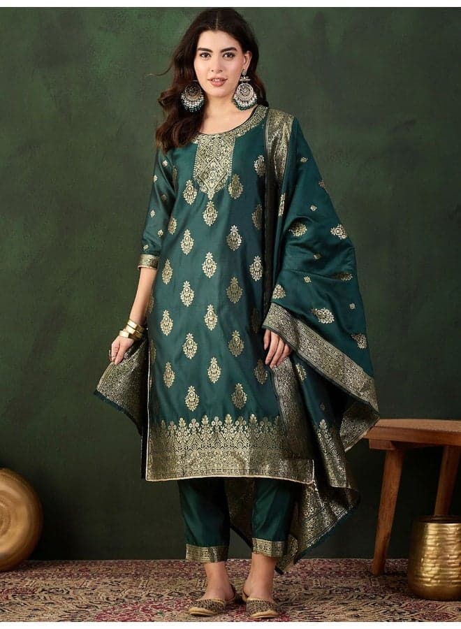 Emerald Green Jacquard Kurta Set with Matching Dupatta - Image 1