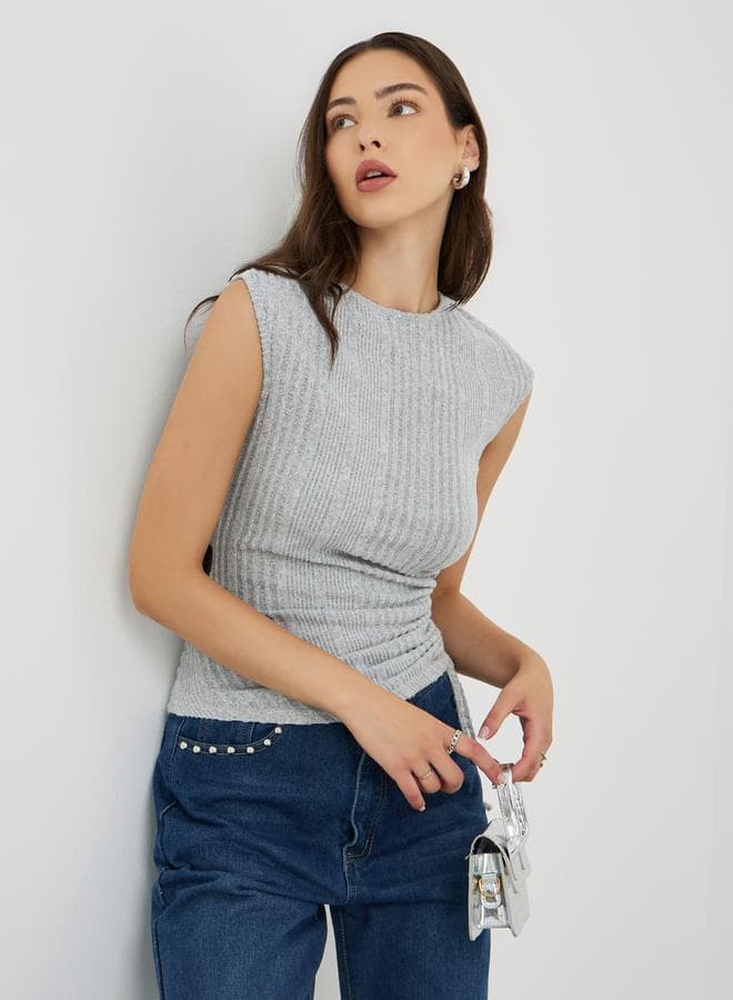 Grey Knitted Sleeveless Top with Ruched Detail - Image 1