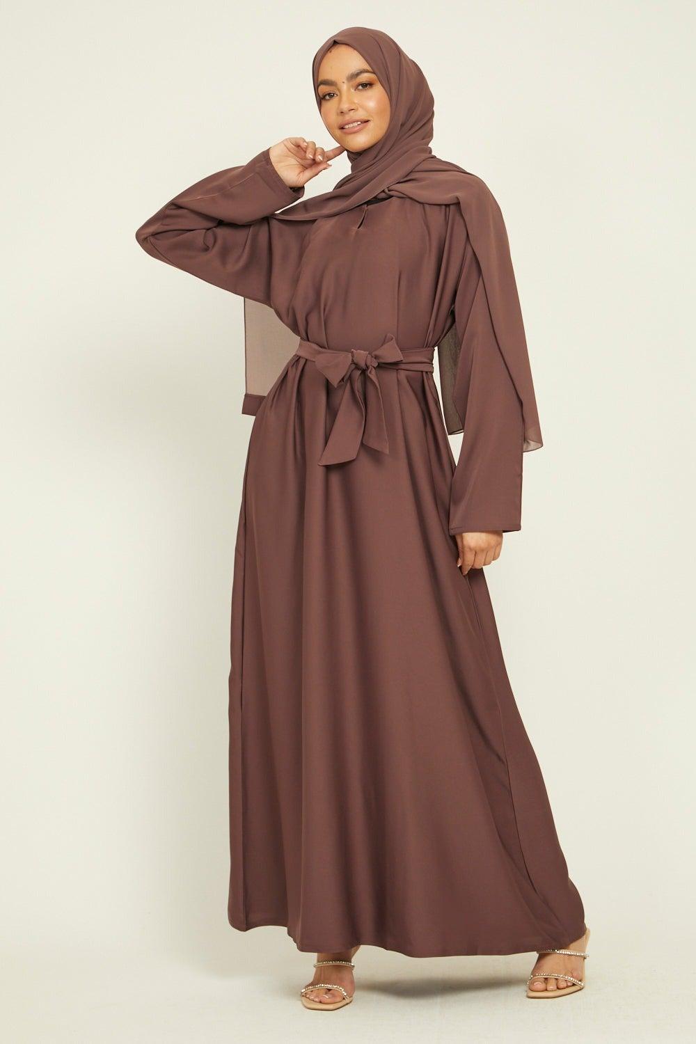 Elegant Tan Plain Abaya with Belt and Hijab AB78 - Image 1