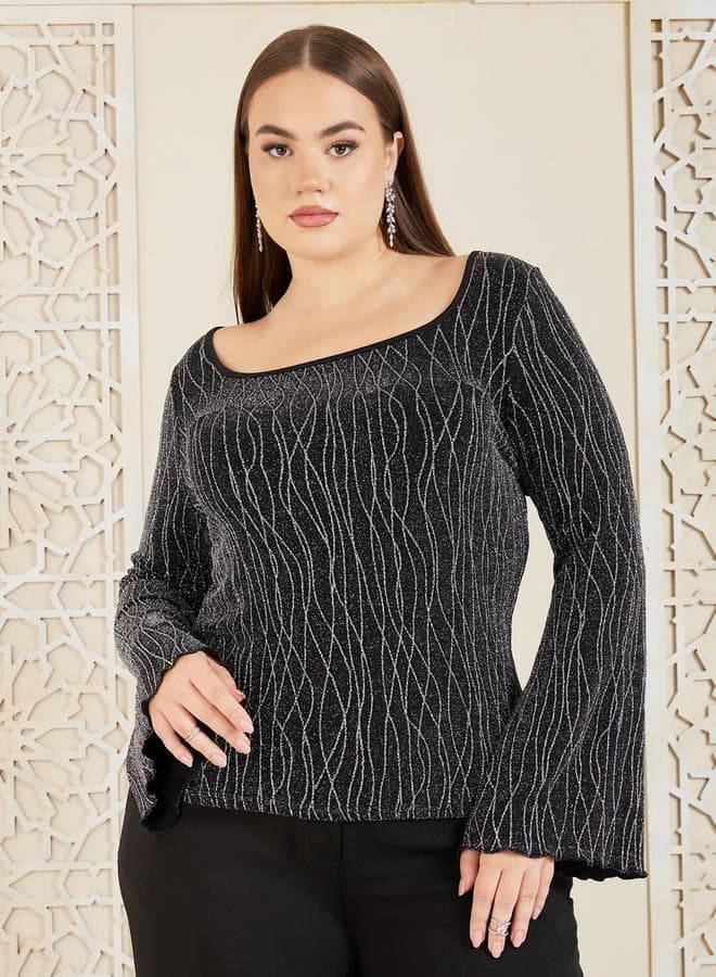 Embellished Abstract Textured Bell Sleeve Fitted Knit Top - Image 1