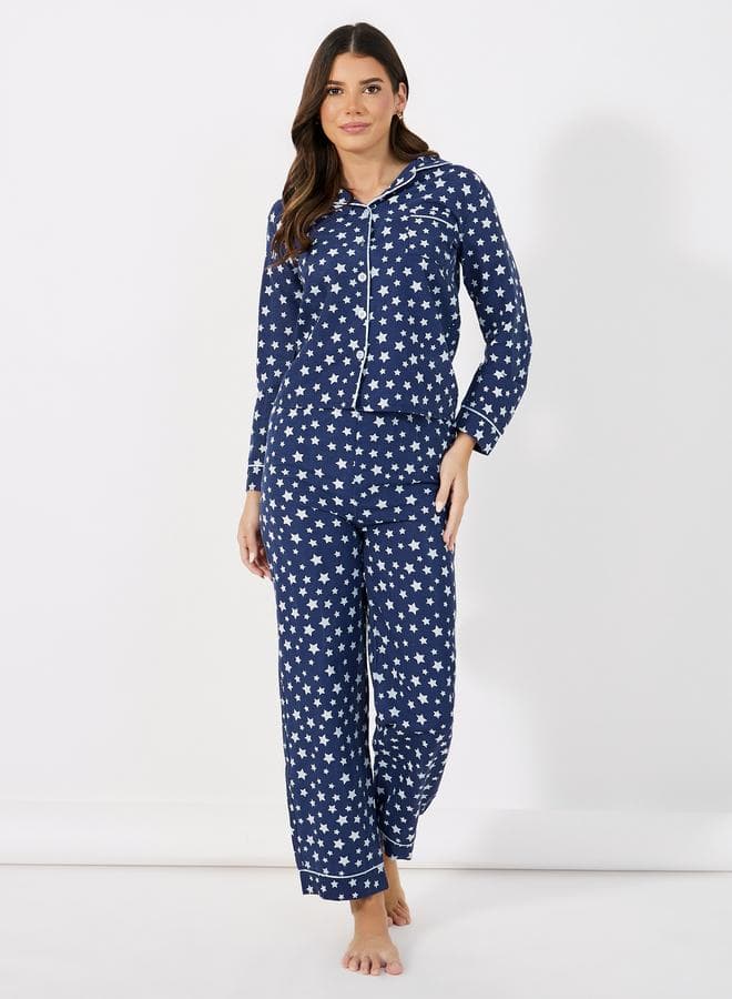 Cotton Linen Star Print Navy Pyjama Set - Image 1