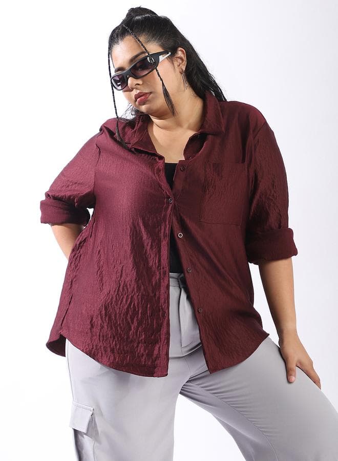 Wine Plus Size Button Down Boxy Shirt - Image 1