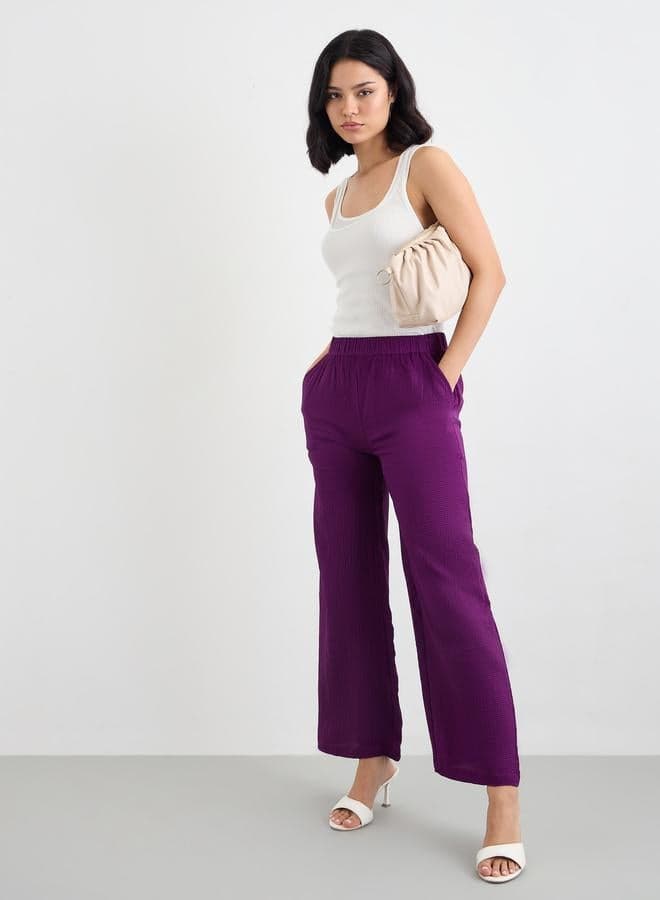 Purple Textured Wide-Leg Casual Pants - Image 1