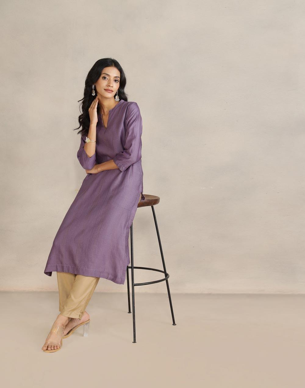 Purple Cotton Silk Long Kurta - Image 1