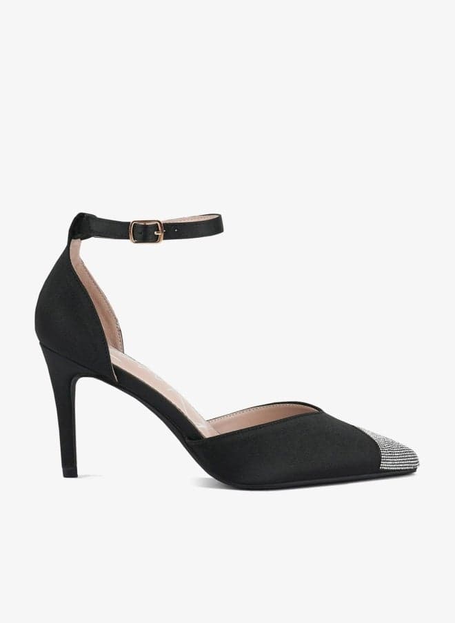 Black Embellished Toe Cap Ankle Strap Stiletto Heels - Image 1