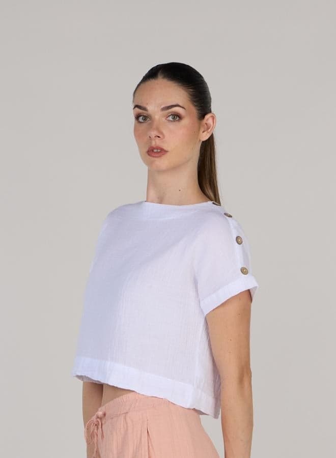 Short Sleeve Crop Top with Coconut Shell Buttons - Image 1