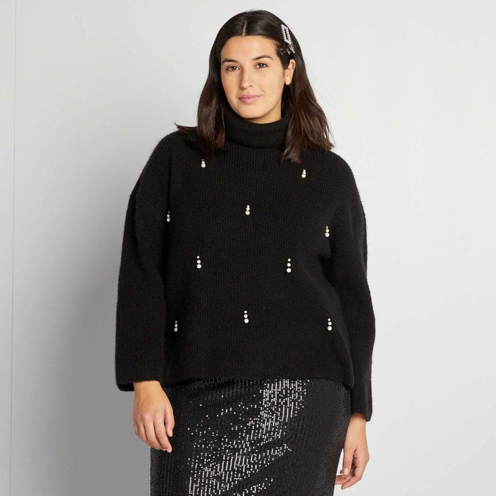 Black Knitted Roll Neck Jumper with Pretty Beading - Image 1