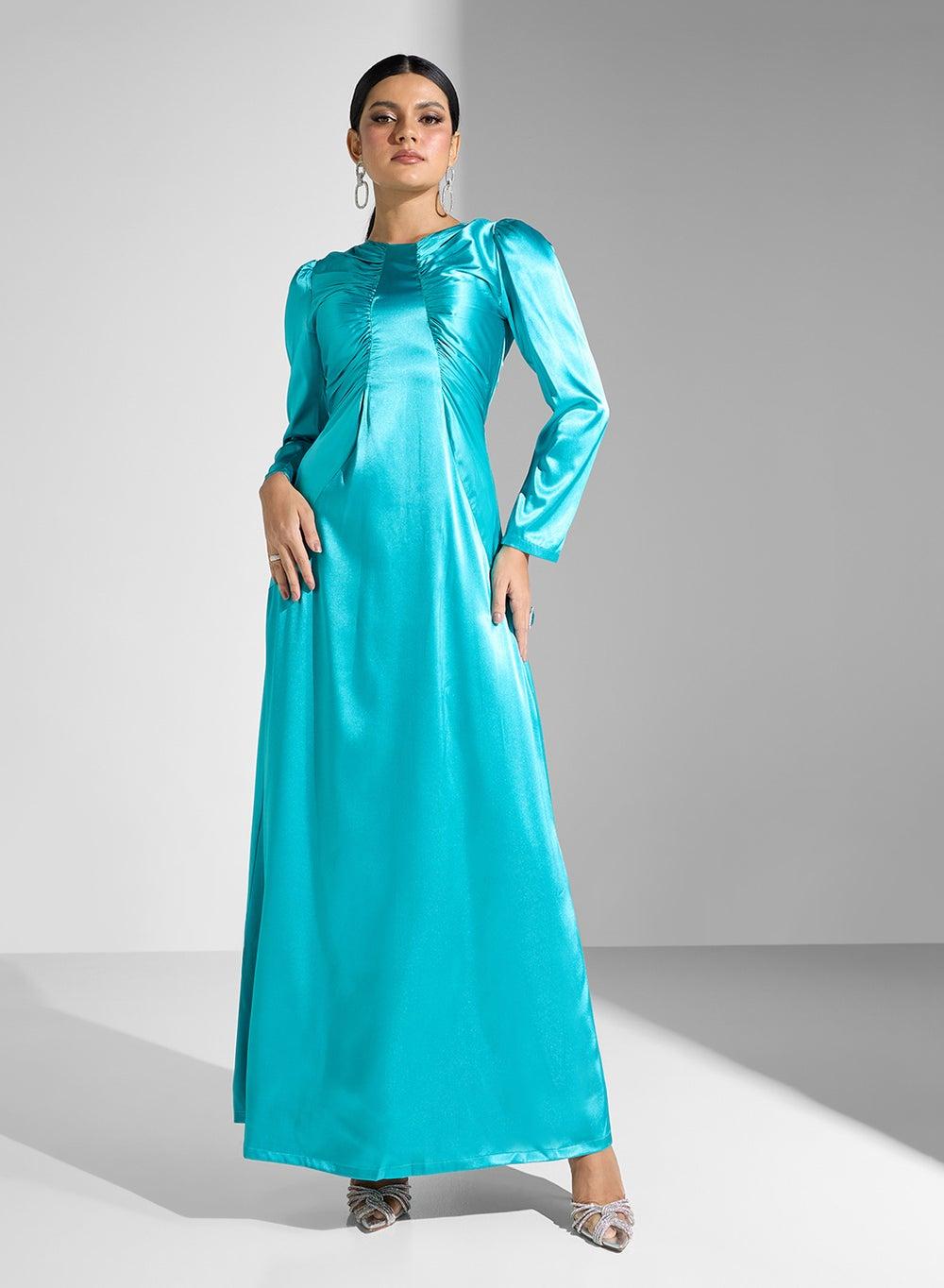 Aqua Satin Maxi Dress with Gathered Bodice - Image 1