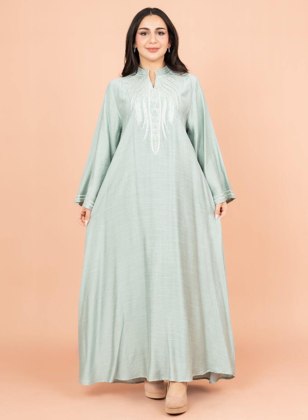 Turquoise Embroidered Jalabiya with Mandarin Collar IK4010 - Image 1