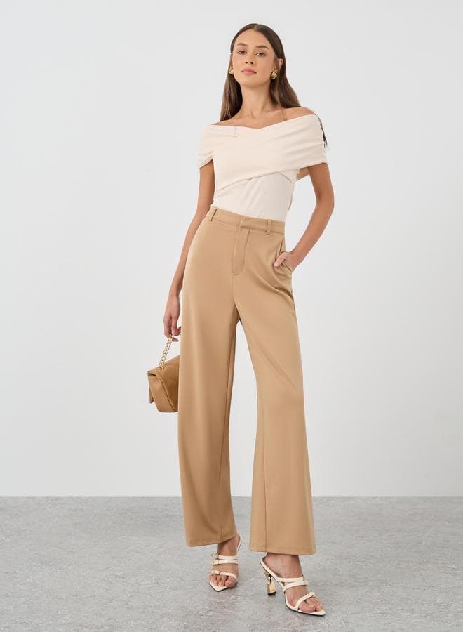 Women Beige Stretch Wide Leg Pants with Side Pockets - Image 1