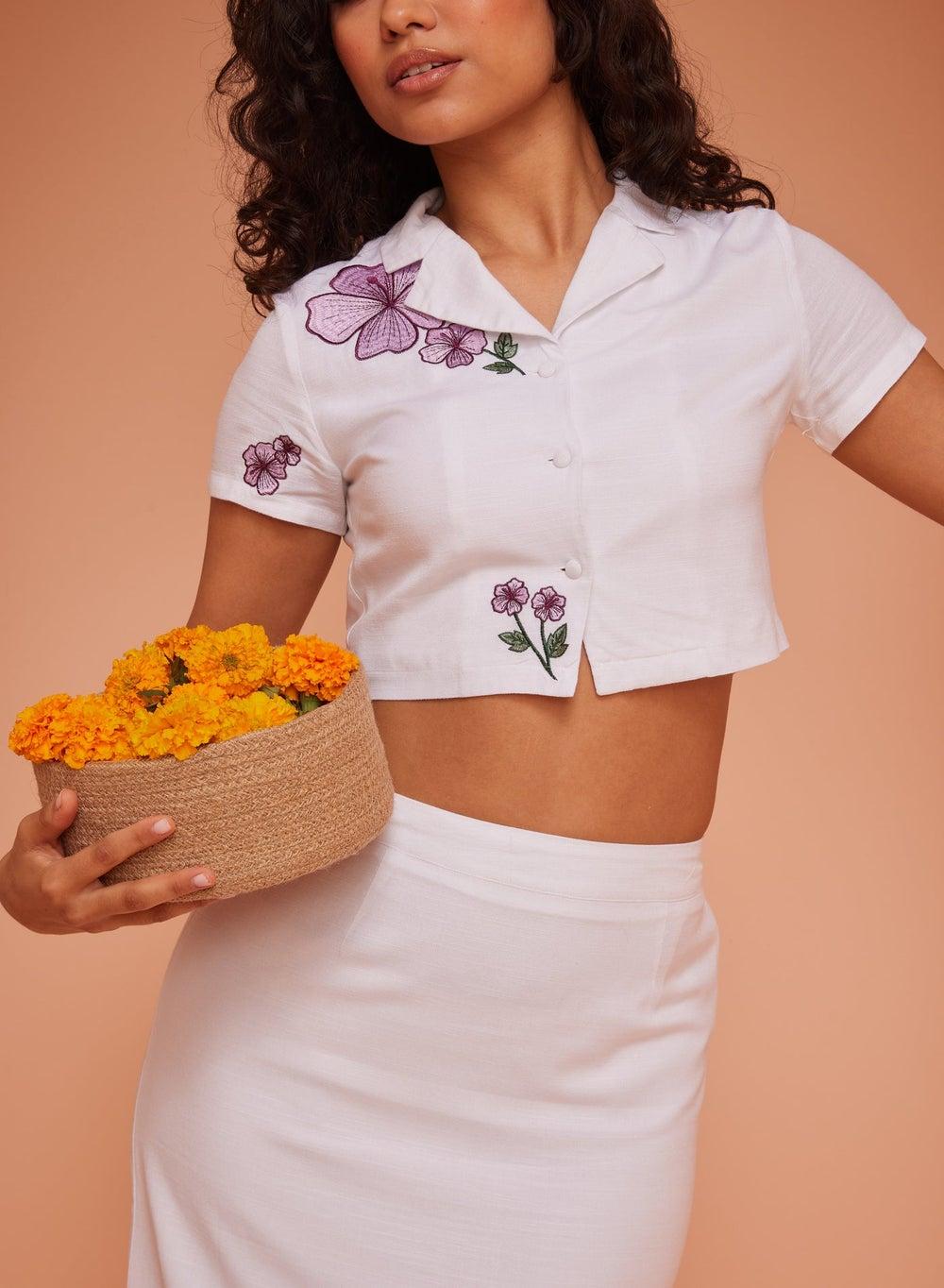 Floral Embroidered Button-Down Crop Top - Image 1