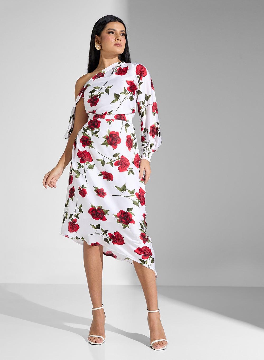 Floral One-Shoulder Midi Dress - Image 1