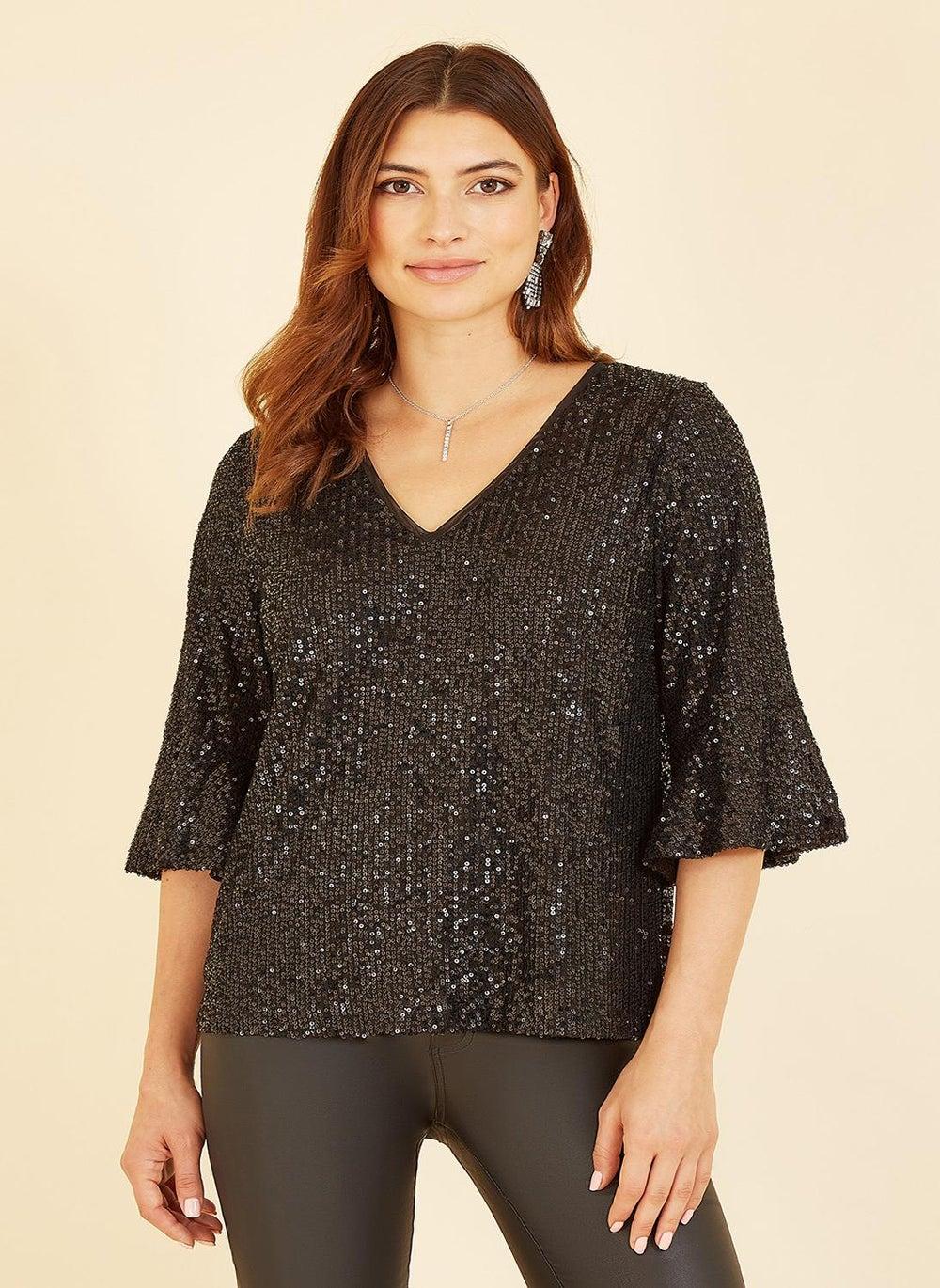 Black Sequin Fluted Sleeve Party Top - Image 1
