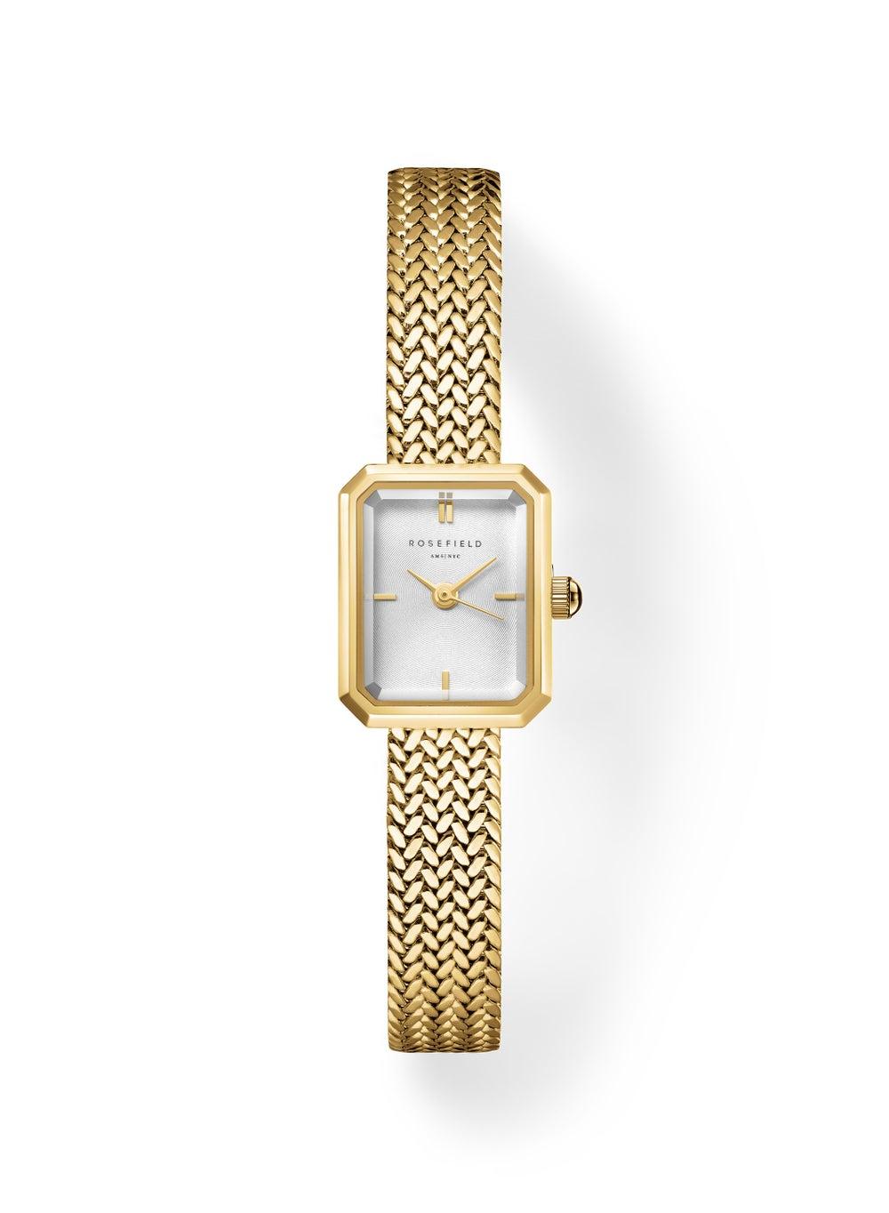 Rosefield Mini Octagon White Dial Gold Mesh Watch - Image 1