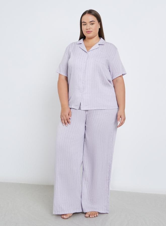 Styli Plus Viscose Textured Double Stripe Pyjama Set - Image 1