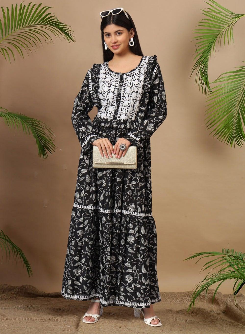 Hand Embroidered Chikankari Mulmul Cotton A-Line Jalabiya AL3941 - Image 1