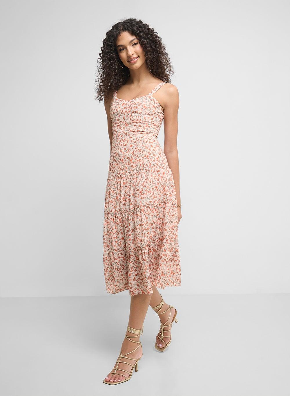 Strappy Ditsy Floral Tiered Midi Dress - Image 1
