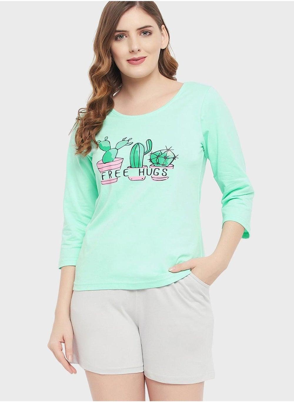 Seafoam Green Graphic Cotton Pyjama Shorts Set - Image 1