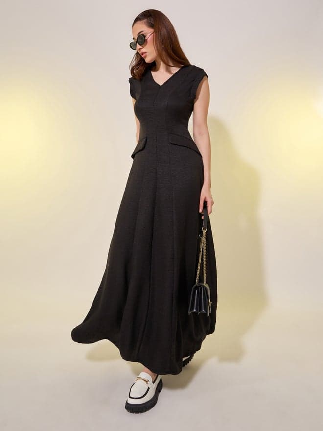 Fitted Bodice Black Maxi Dress - Image 1