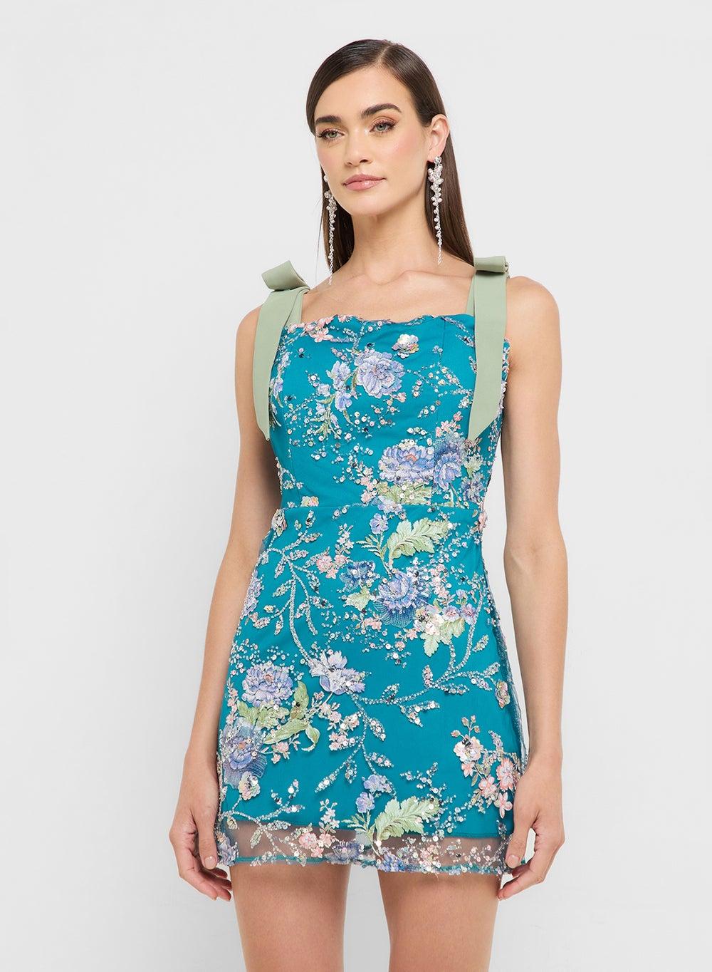 Eclat Luxe Shoulder Tie Sequin Embellished Mini Dress - Image 1