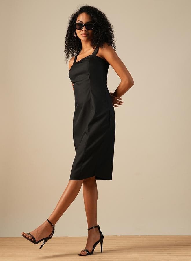 Black Strappy Sheath Midi Dress with Buckle Detail - Image 1