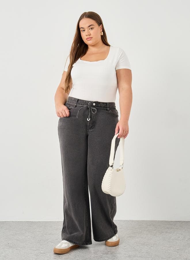 Styli Plus Wide Leg Jeans with Self Tie Waist - Image 1