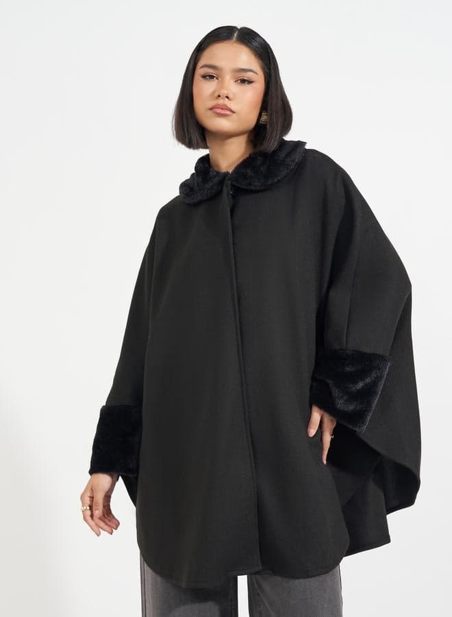 Oversized Longline Faux Fur Trim Wool-Like Cape Coat - Image 1