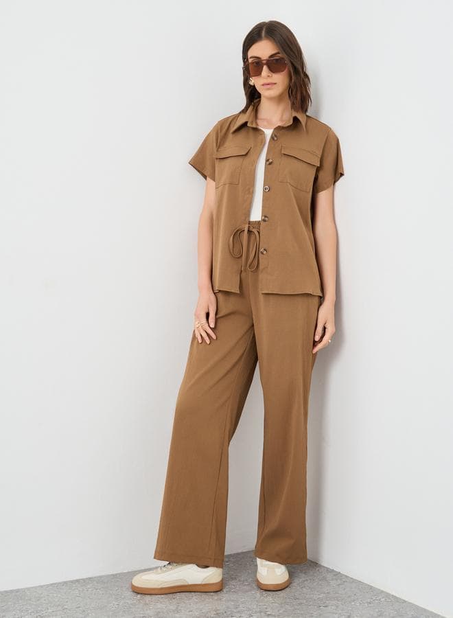 Brown Solid Shirt and Wide Leg Pants Co-Ord Set - Image 1