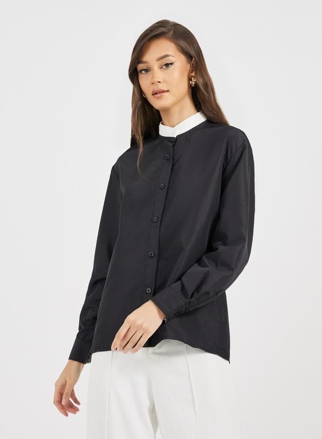 Styli Double Contrast Stand Collar Loose Fit Shirt - Image 1