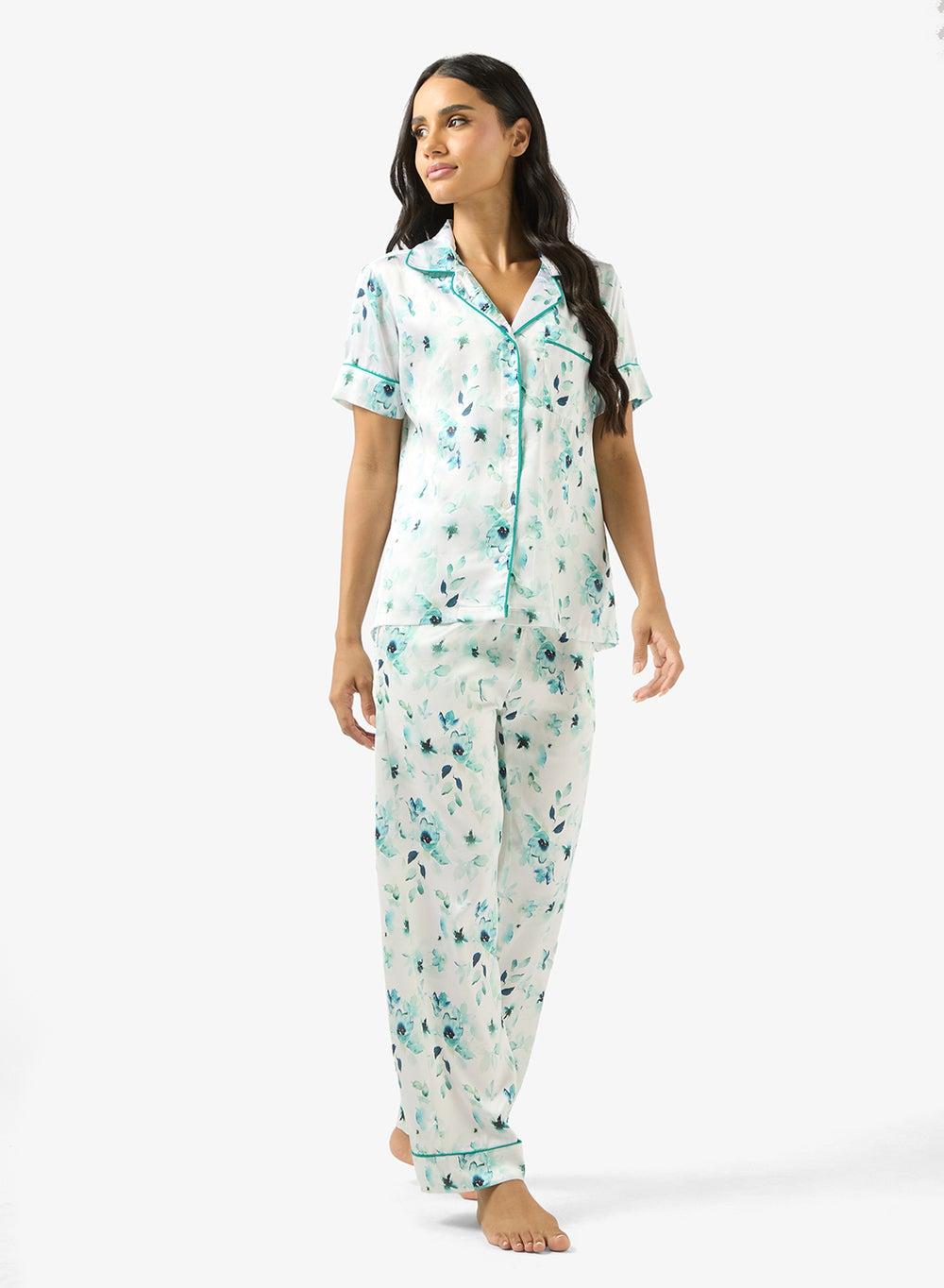 Satin Floral Print Relaxed Fit Shirt & Pyjama Set - Image 1